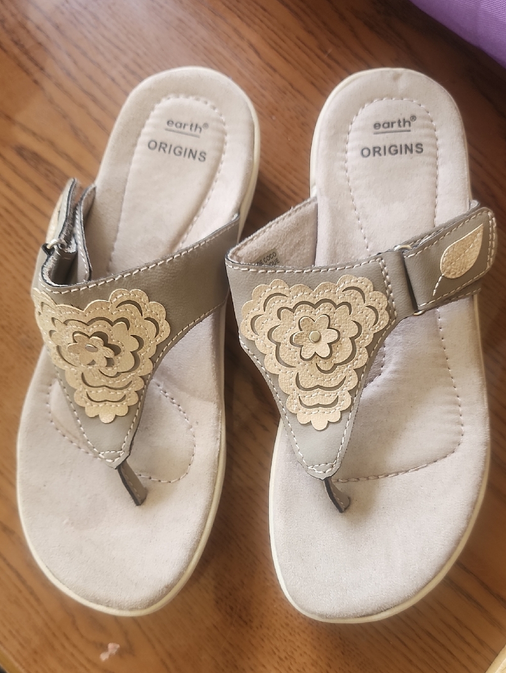 Earth Origins Taupe Thong Sandals with Gold Floral Appliqué